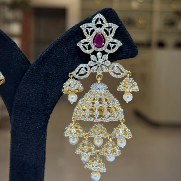 Ruby Floral Crystal Multi‑Tier Jhumka Earrings