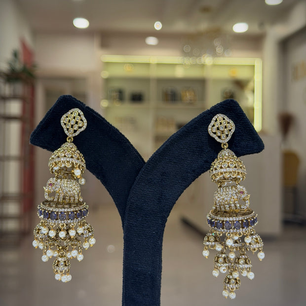 Elephant Crystal Pearl Jhumka Earrings Set