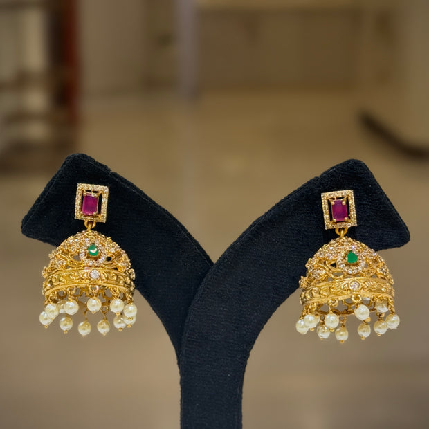 Ruby Top Pearl Drop Jhumka Earrings Set