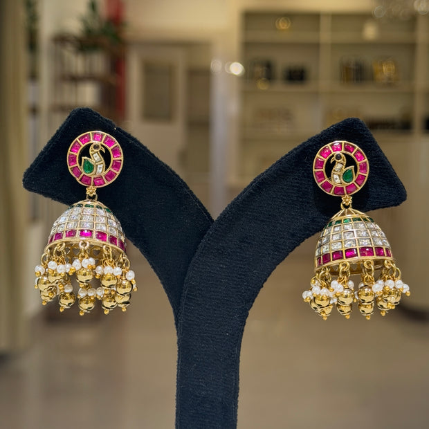 Kundan Stone Bird Motif Pearl Drops Jhumka Earrings
