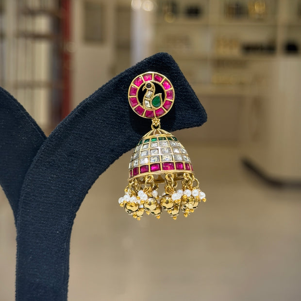Kundan Stone Bird Motif Pearl Drops Jhumka Earrings