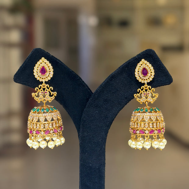 Ruby Multi‑Stone Pearl Jhumka Earrings Set