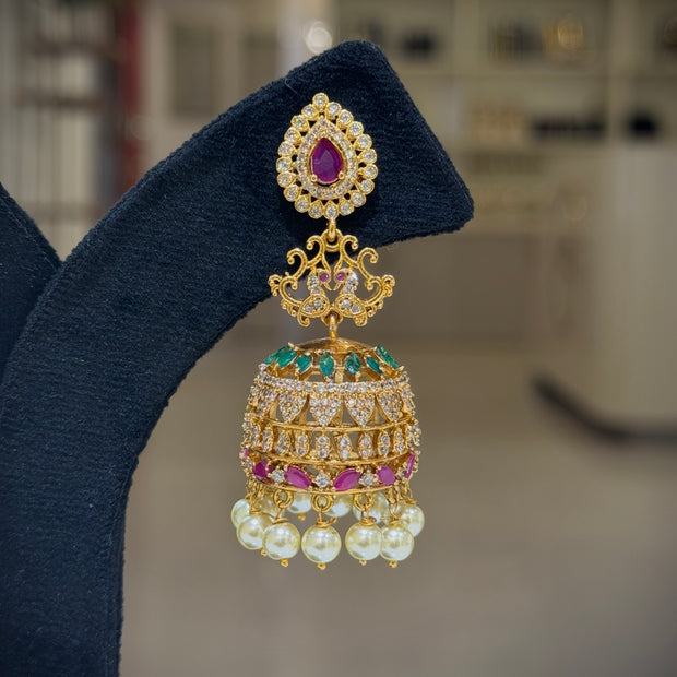 Ruby Multi‑Stone Pearl Jhumka Earrings Set