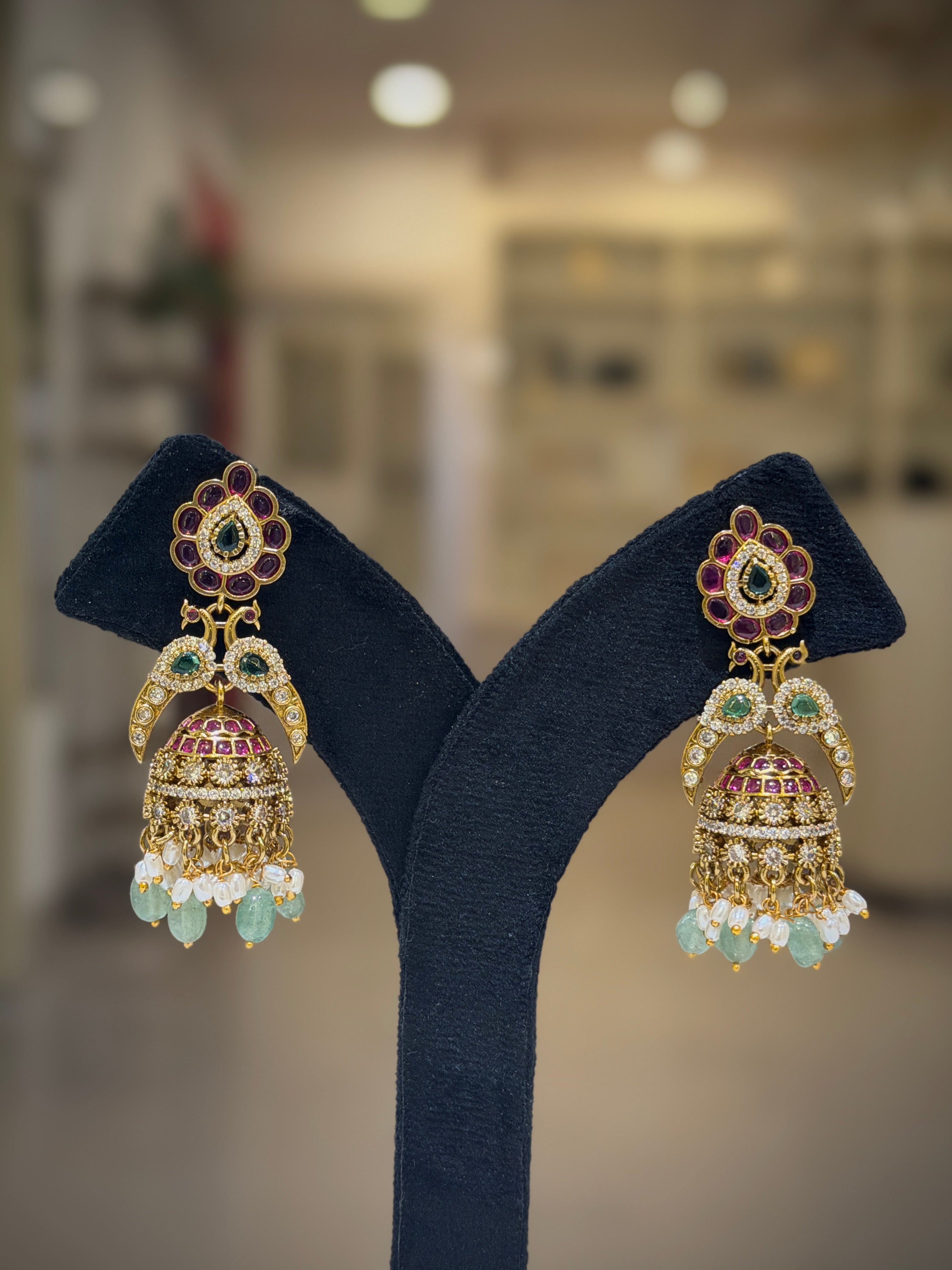 Peacock Floral Multi‑Stone Jhumka Earrings Set