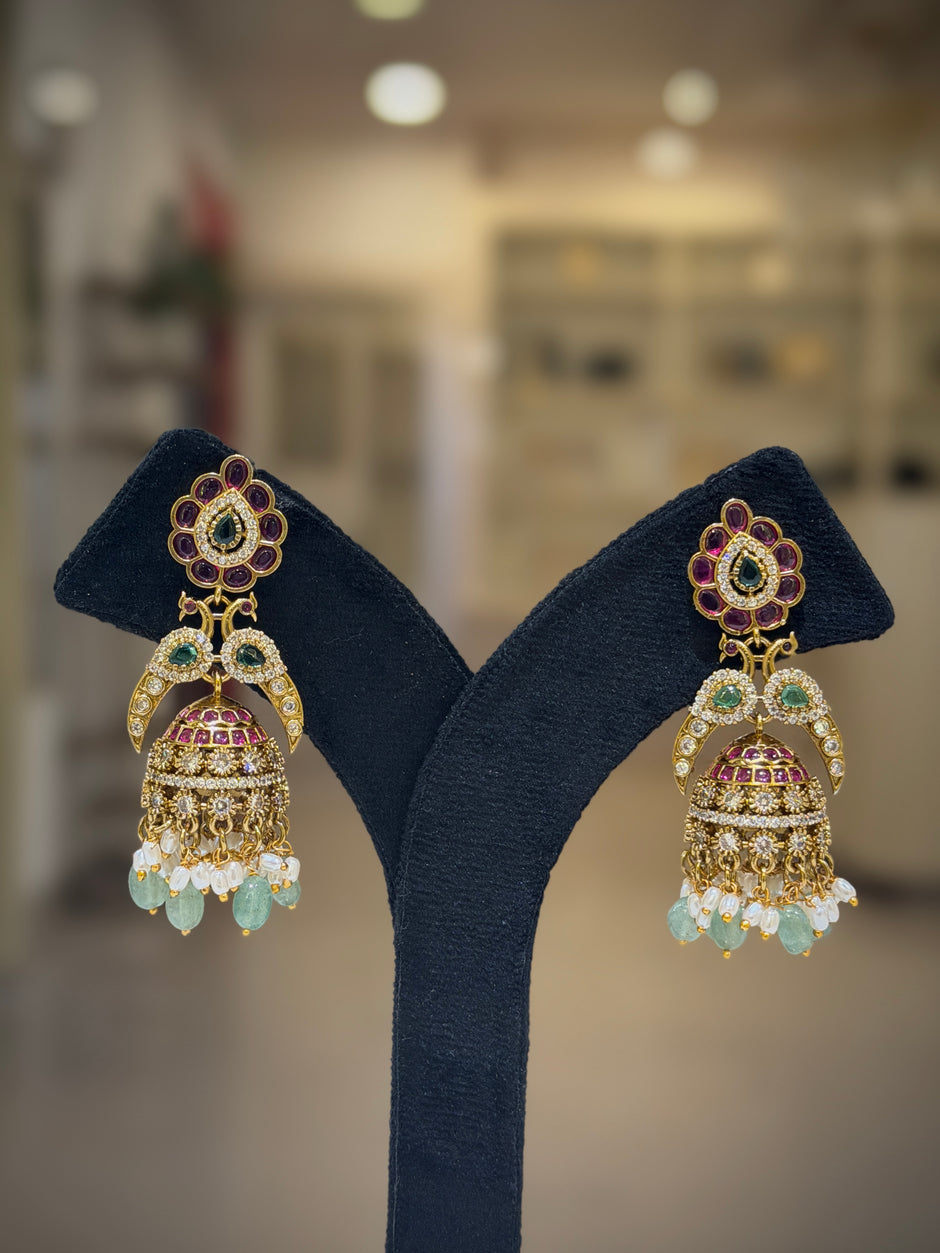 Peacock Floral Multi‑Stone Jhumka Earrings Set