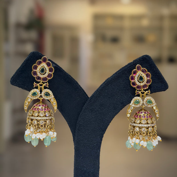 Peacock Floral Multi‑Stone Jhumka Earrings Set
