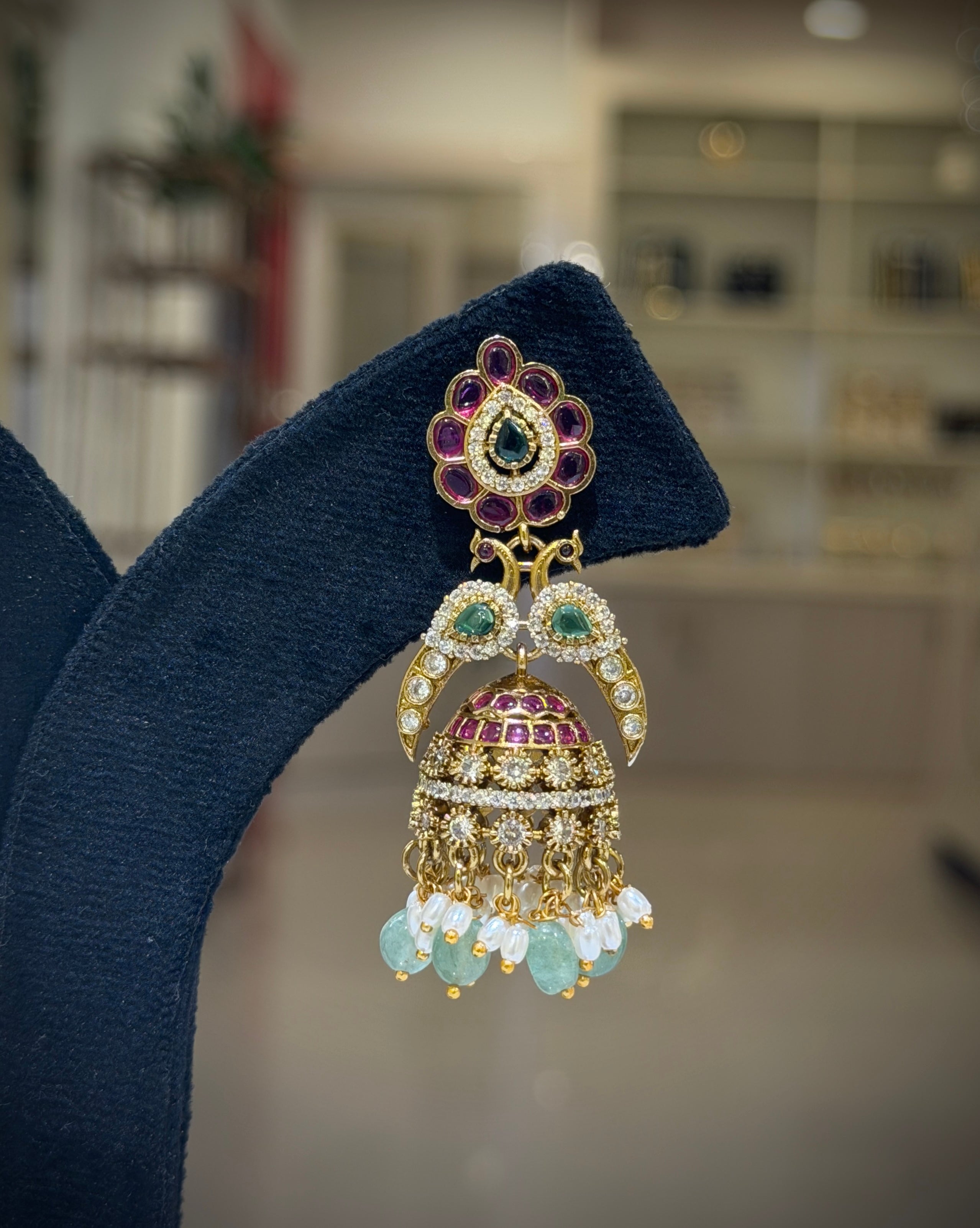 Peacock Floral Multi‑Stone Jhumka Earrings Set