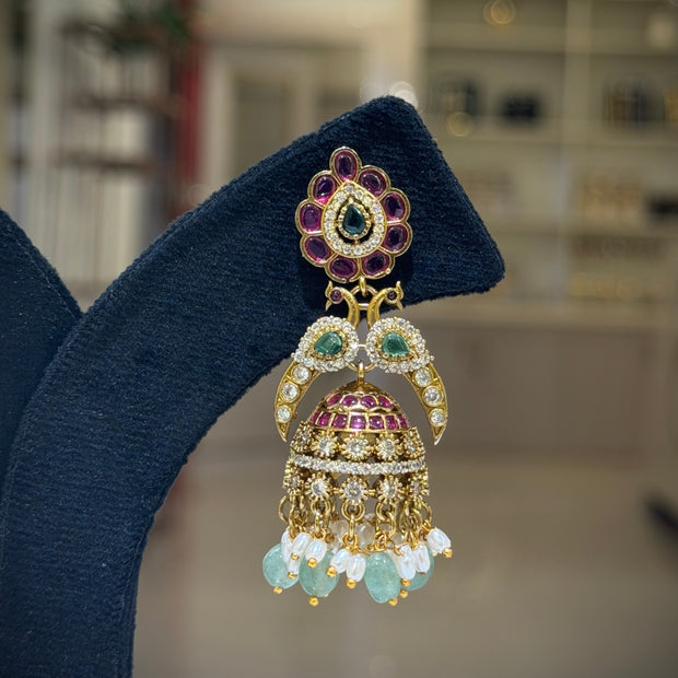 Peacock Floral Multi‑Stone Jhumka Earrings Set
