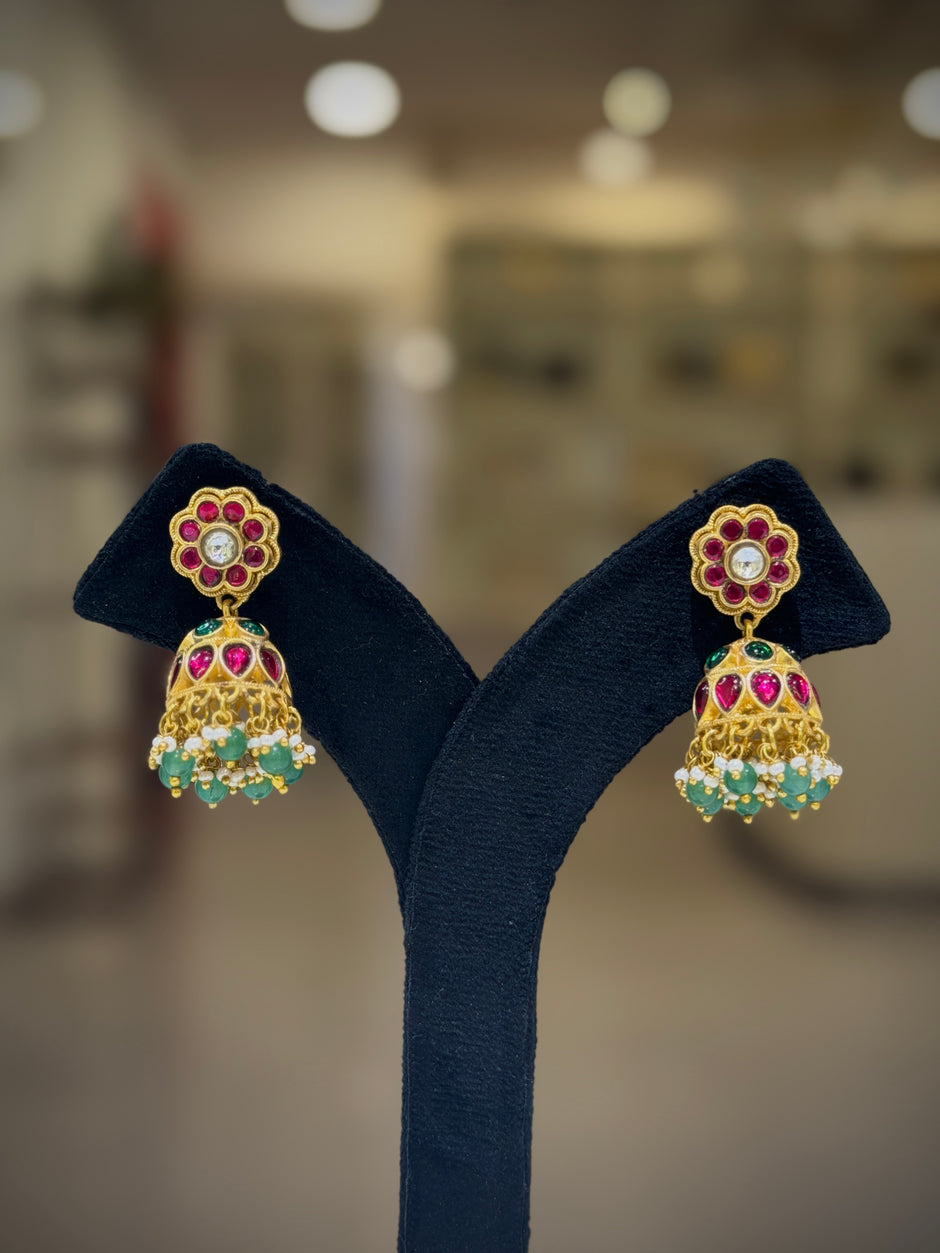 Flower Ruby‑Green Cluster Jhumka Earring