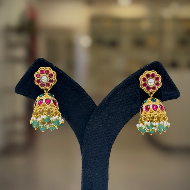 Flower Ruby‑Green Cluster Jhumka Earring