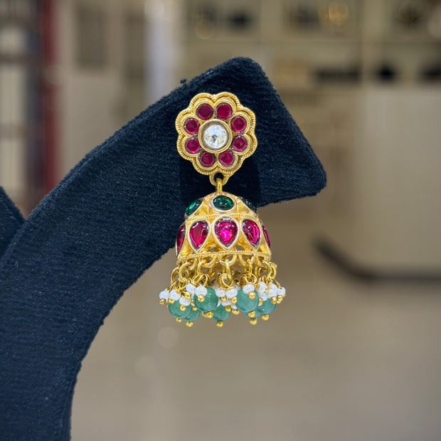 Flower Ruby‑Green Cluster Jhumka Earring