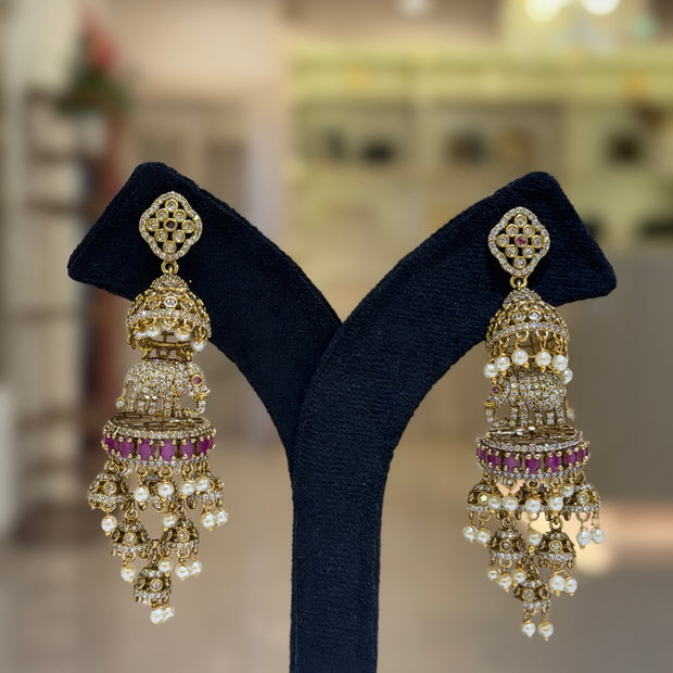 Elephant Crystal Pearl Jhumka Earrings Set