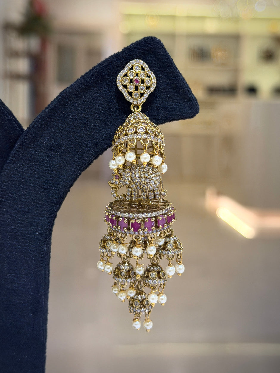 Elephant Crystal Pearl Jhumka Earrings Set