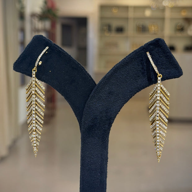 Gold Crystal Feather Long Dangle Earrings Set