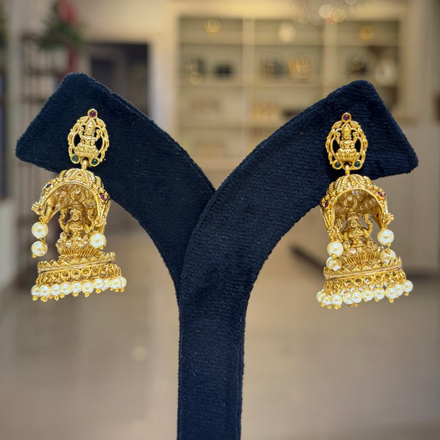 Antique Temple Lakshmi Pearl Jhumka Earrings Set