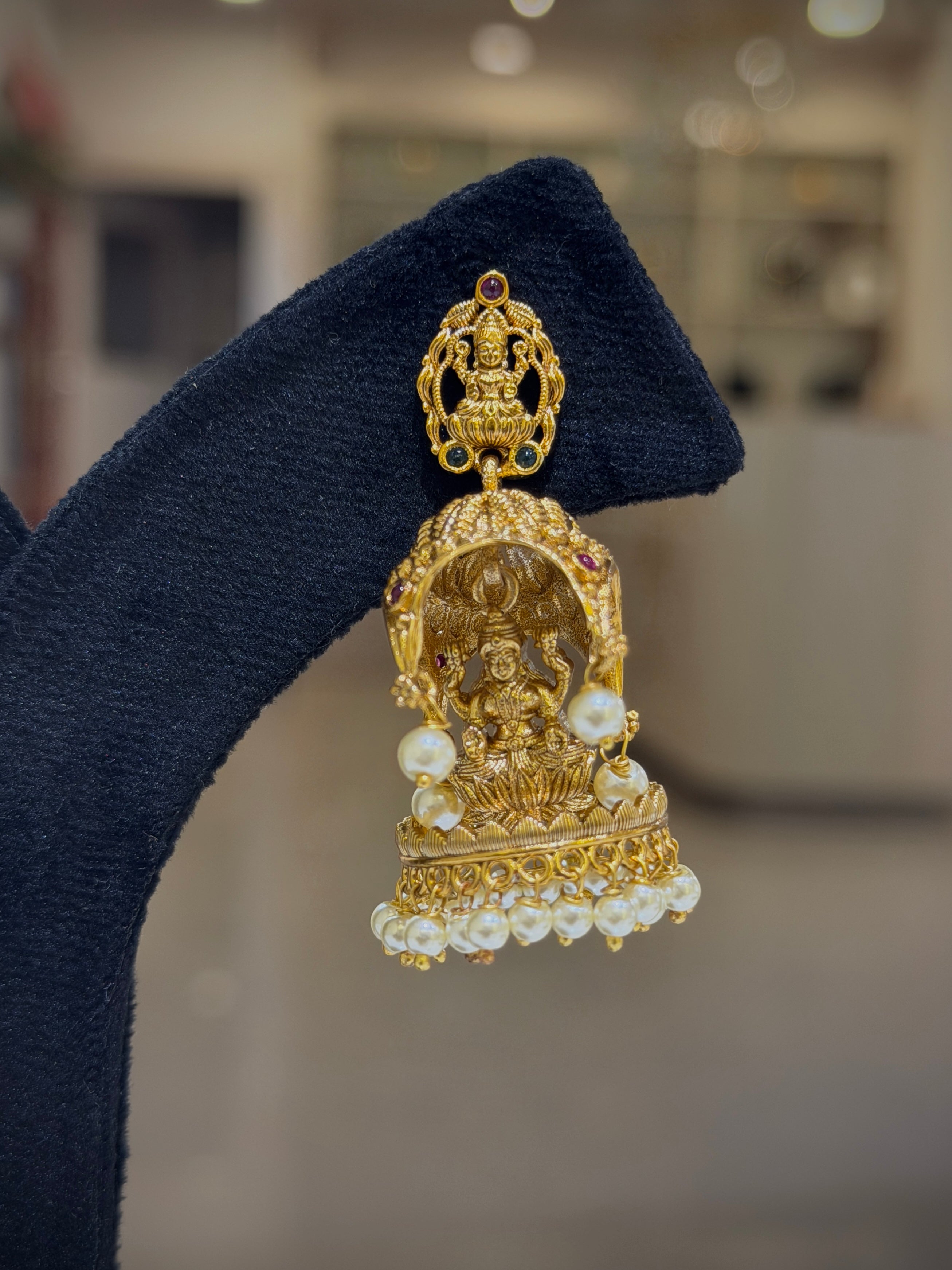 Antique Temple Lakshmi Pearl Jhumka Earrings Set