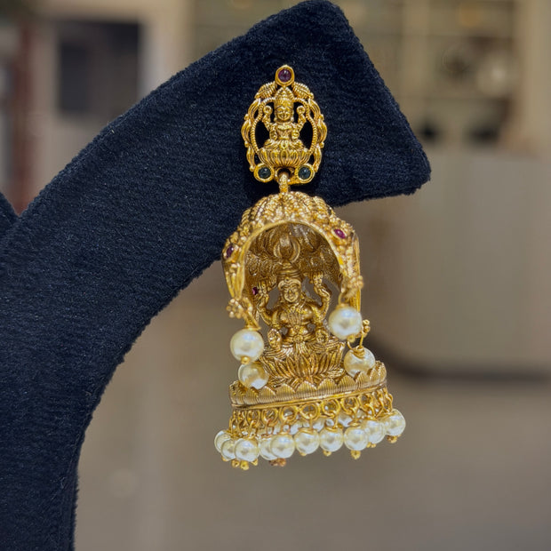 Antique Temple Lakshmi Pearl Jhumka Earrings Set