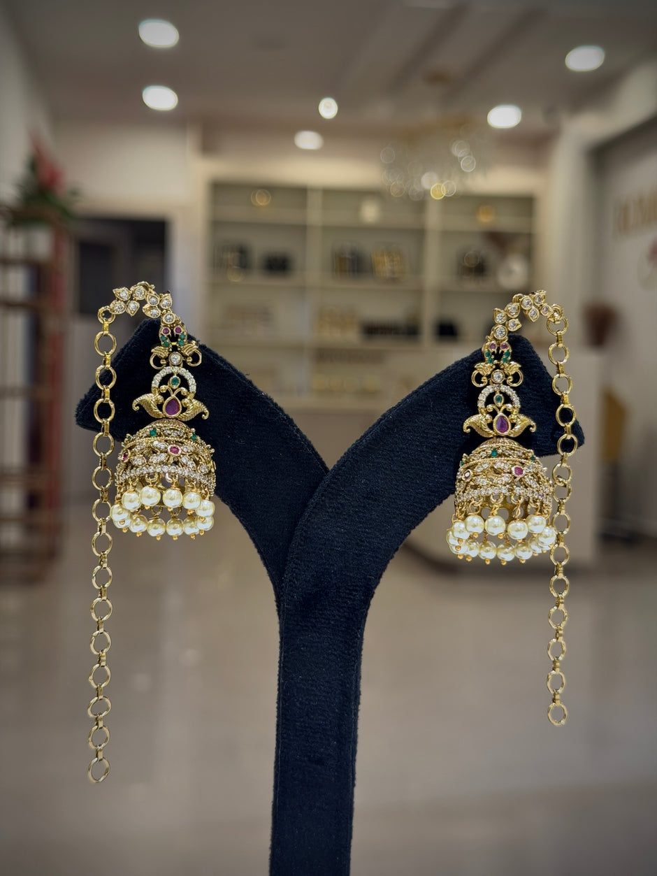 Peacock Kundan Jhumka Earrings with Ear Chain