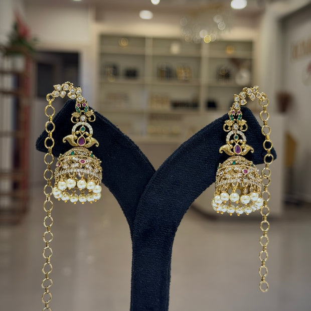 Peacock Kundan Jhumka Earrings with Ear Chain