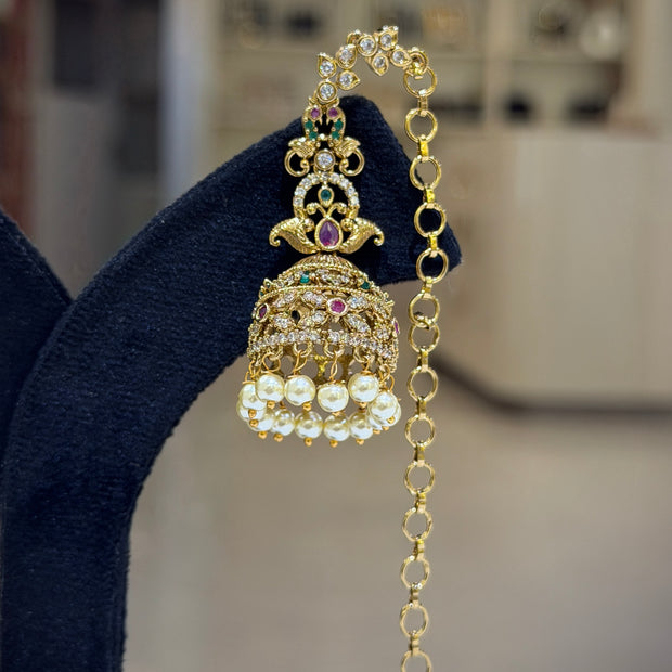 Peacock Kundan Jhumka Earrings with Ear Chain