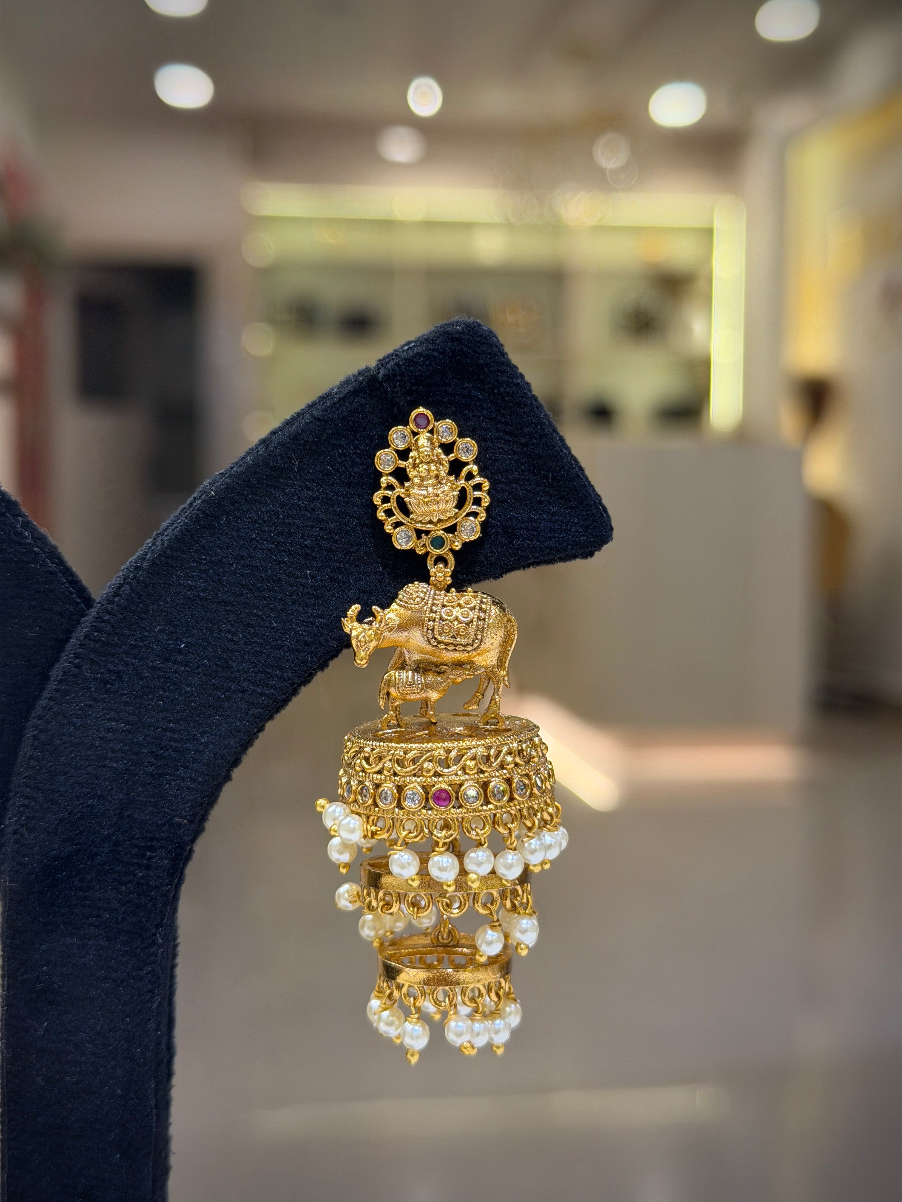 Temple Lakshmi Nandi Pearl Jhumka Earrings Set