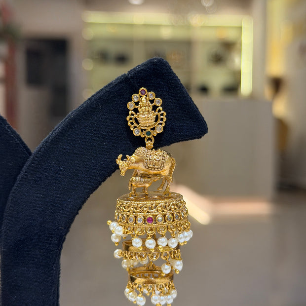 Temple Lakshmi Nandi Pearl Jhumka Earrings Set