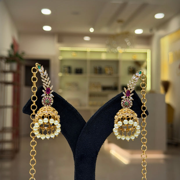 Bridal Ear Chain Floral Kundan Jhumka Earrings