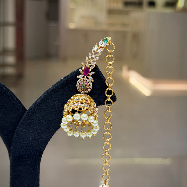 Bridal Ear Chain Floral Kundan Jhumka Earrings