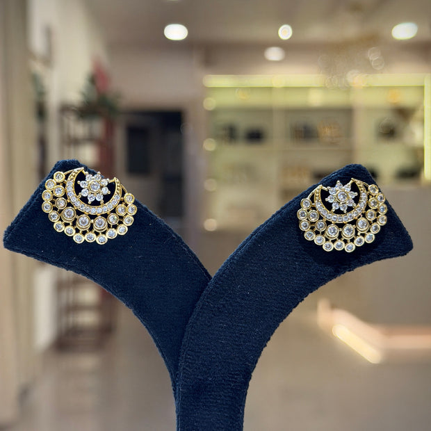 Flower Crescent Triple Arc Crystal Chandbali Earrings