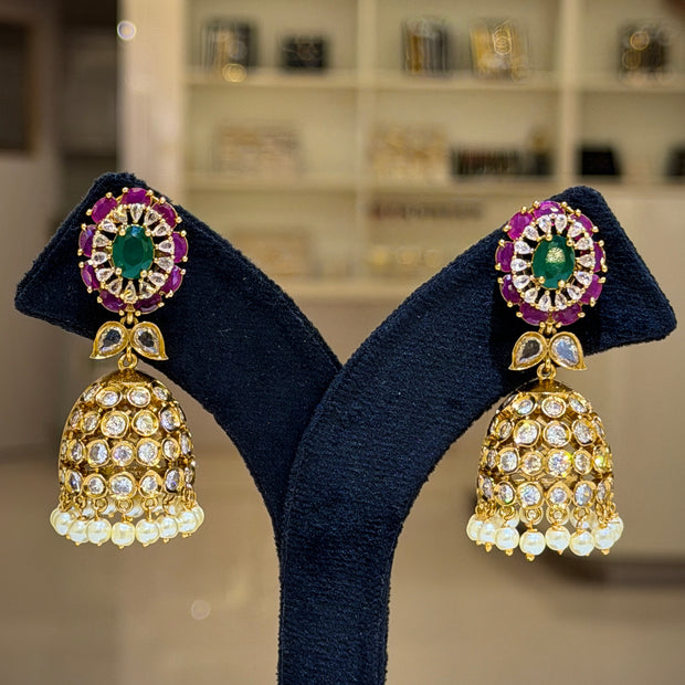 Emerald Floral Kundan Pearl Jhumka Earrings