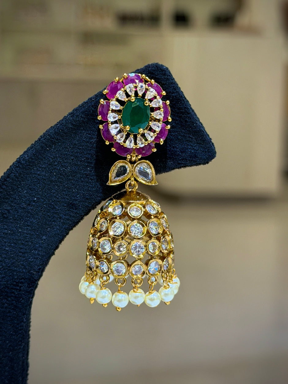 Emerald Floral Kundan Pearl Jhumka Earrings