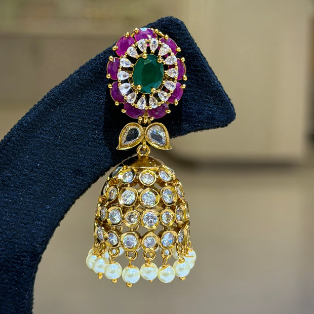 Emerald Floral Kundan Pearl Jhumka Earrings