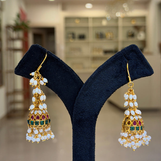 Antique Ruby Emerald Pearl Cluster Jhumka Earrings