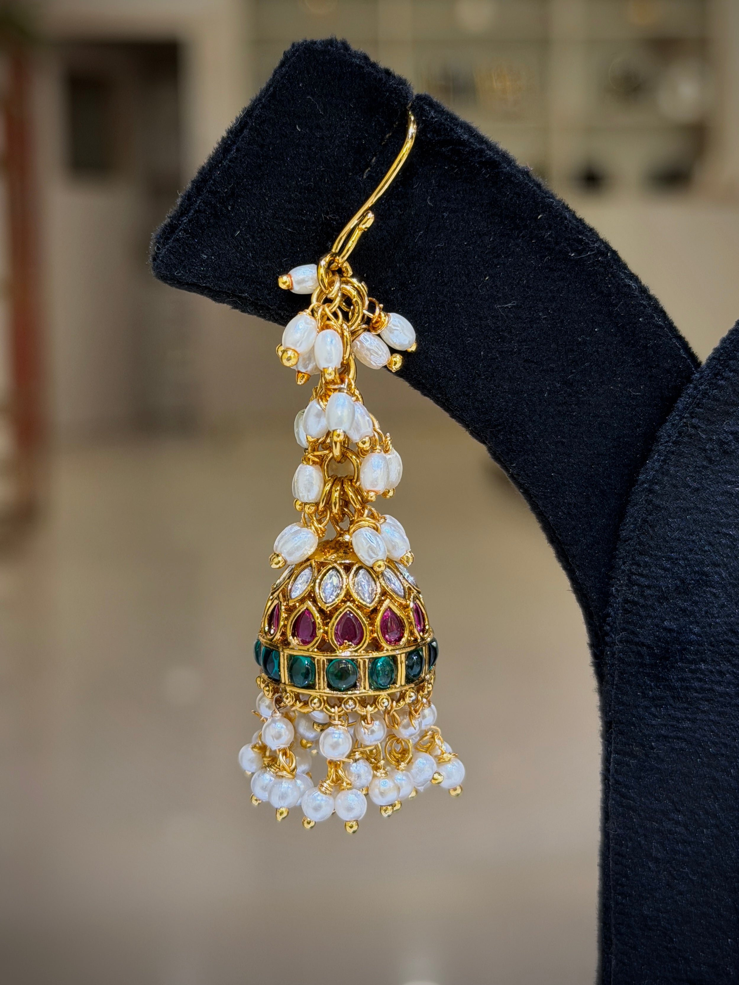 Antique Ruby Emerald Pearl Cluster Jhumka Earrings