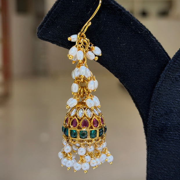 Antique Ruby Emerald Pearl Cluster Jhumka Earrings