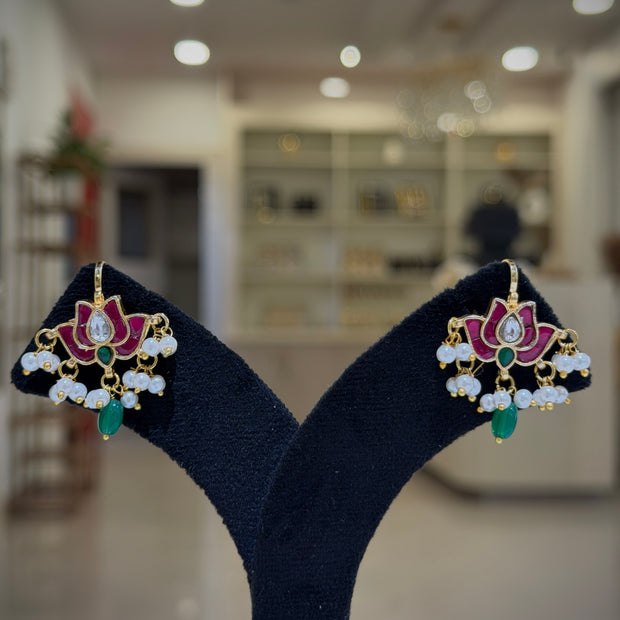 Lotus Kundan Emerald & Pearl Drop Bugadi / Tops Ear Cuffs