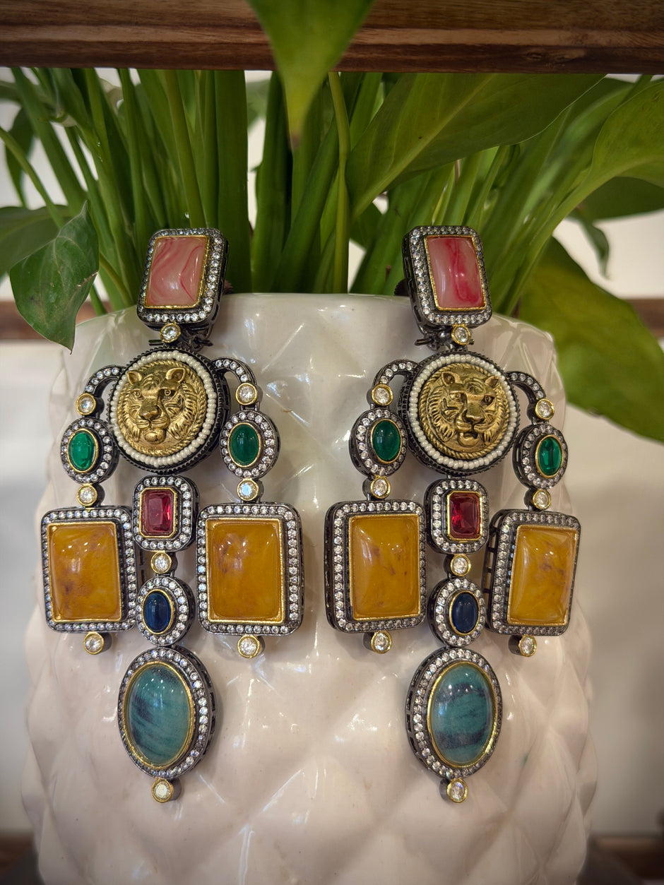 Sabyasachi Inspired Gold Tiger Head Multistone Chandelier Earrings