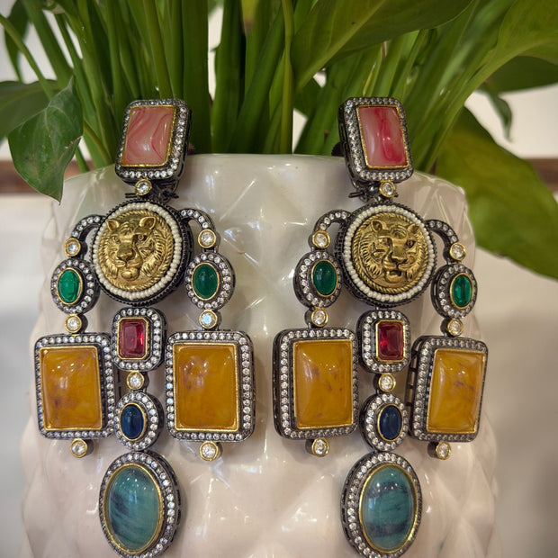 Sabyasachi Inspired Gold Tiger Head Multistone Chandelier Earrings