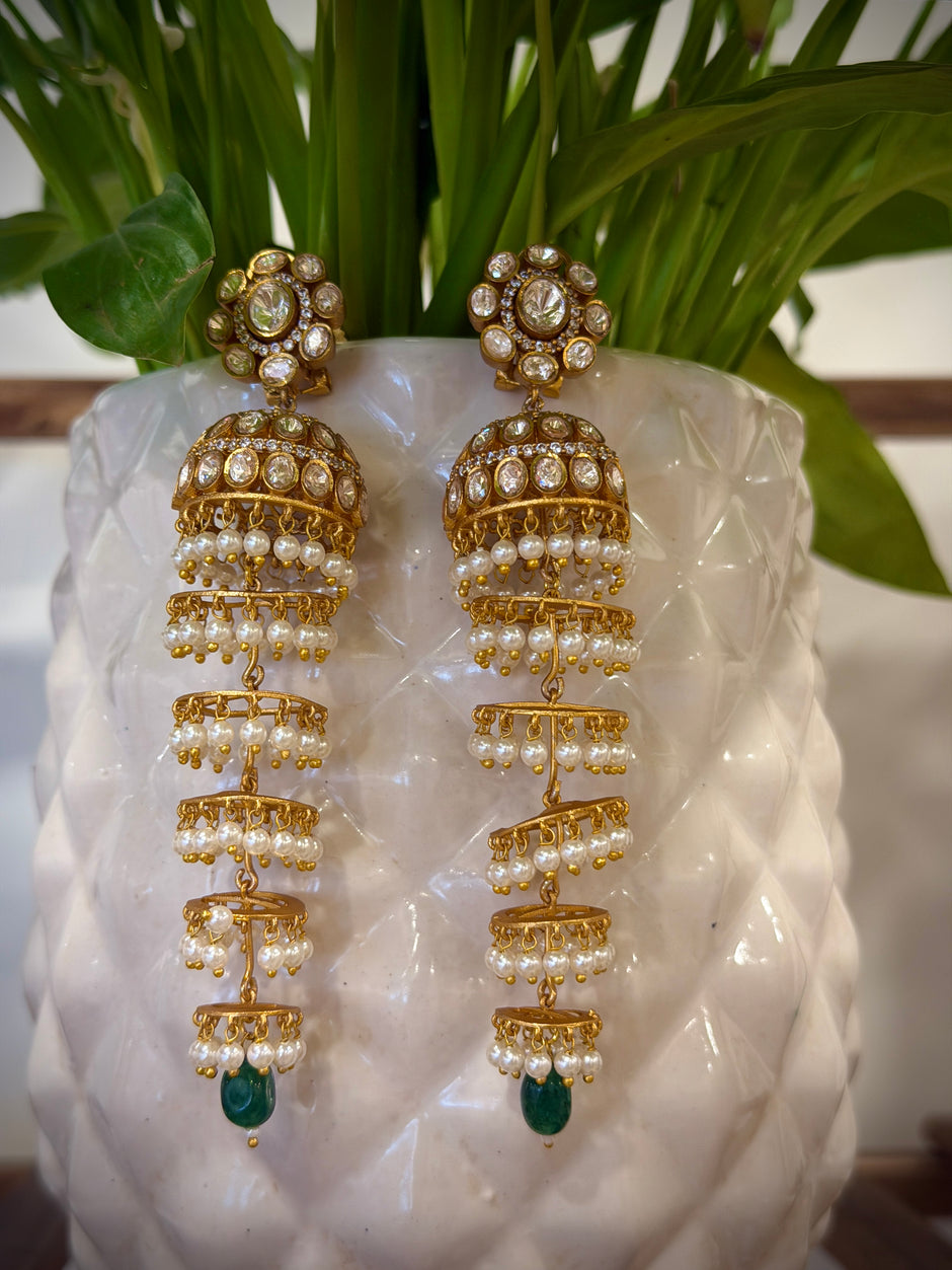 Flower Kundan Multi‑Layer Green Pearl Drop Jhumka  Earrings
