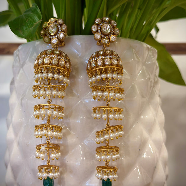 Flower Kundan Multi‑Layer Green Pearl Drop Jhumka  Earrings
