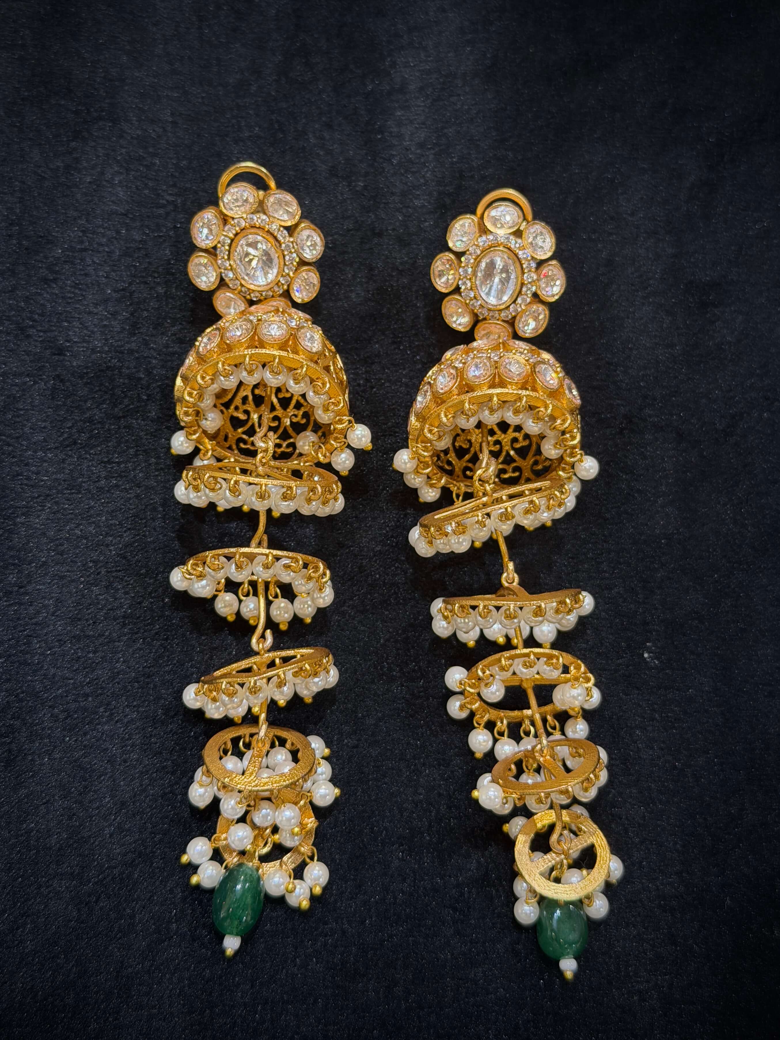 Flower Kundan Multi‑Layer Green Pearl Drop Jhumka  Earrings