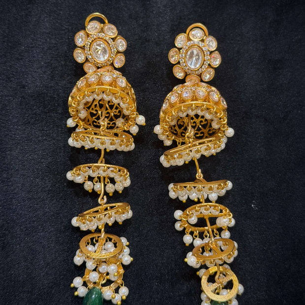 Flower Kundan Multi‑Layer Green Pearl Drop Jhumka  Earrings
