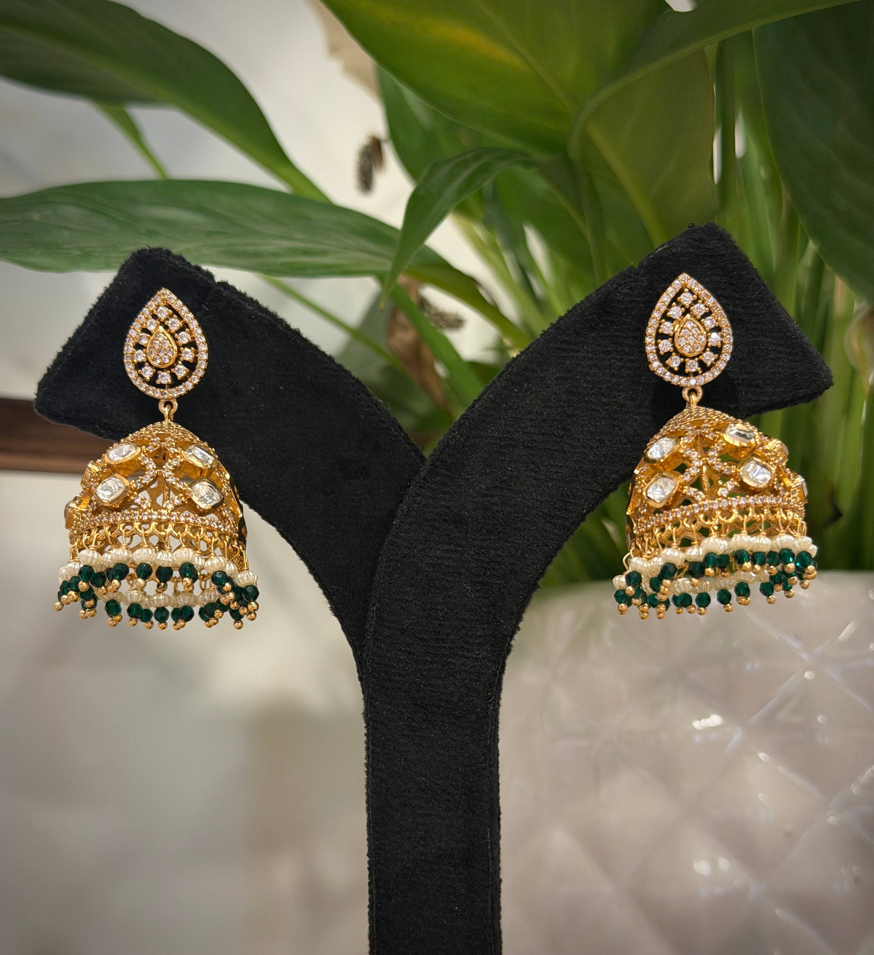 Kundan Green Pearl Drop Jhumka Earrings Set