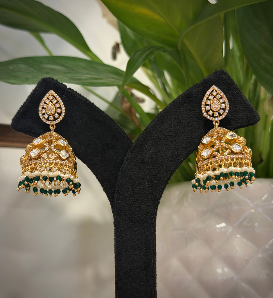 Kundan Green Pearl Drop Jhumka Earrings Set
