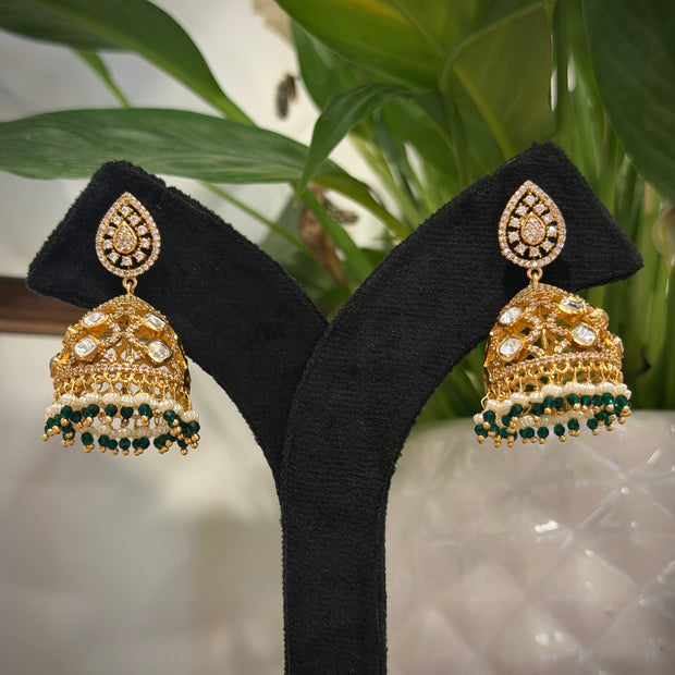 Kundan Green Pearl Drop Jhumka Earrings Set