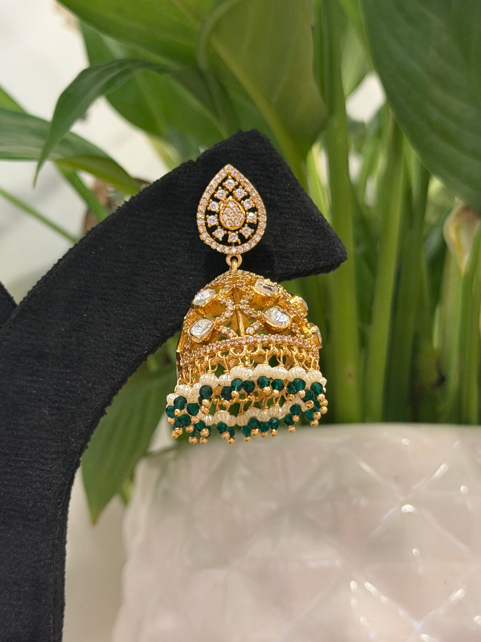 Kundan Green Pearl Drop Jhumka Earrings Set