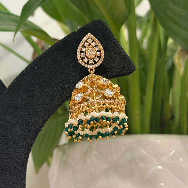 Kundan Green Pearl Drop Jhumka Earrings Set