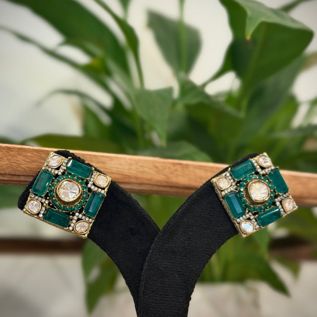 Emerald Kundan Polki Square Stud Earrings Set