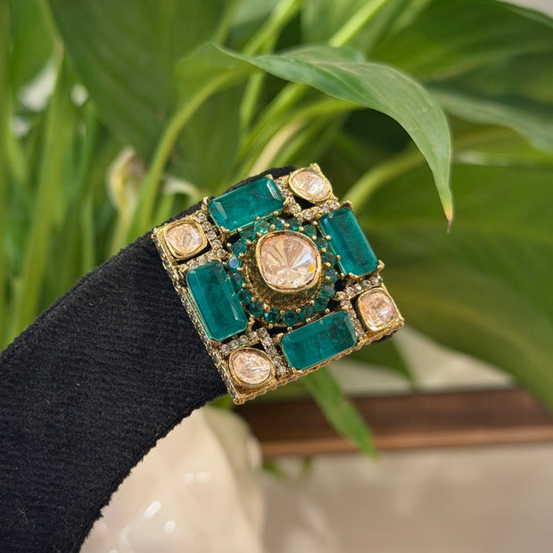 Emerald Kundan Polki Square Stud Earrings Set