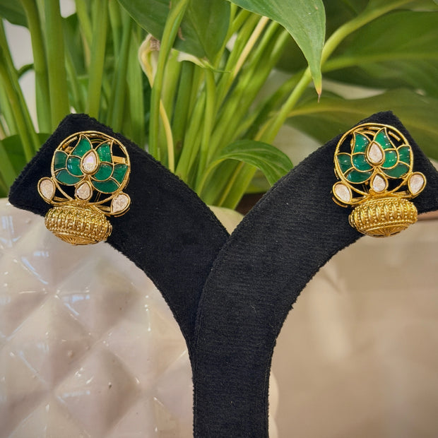 Elegant Lotus Jadau Kalash Stud Earrings Set